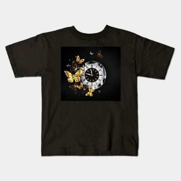 Antique Clock with Golden Butterflies Kids T-Shirt by Blackmoon9